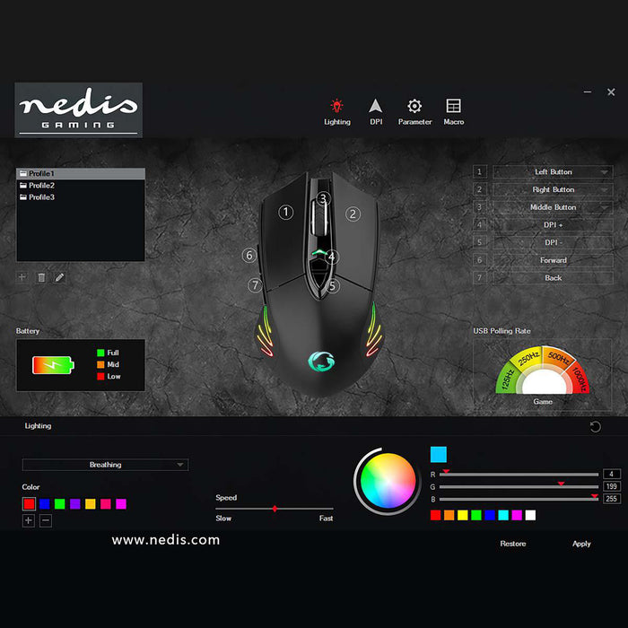 Nedis Gaming Mouse - Wired & Wireless, 500 / 1000 / 2000 / 3000 / 5000 / 10000 dpi, Adjustable DPI, 1.50 m - RGB