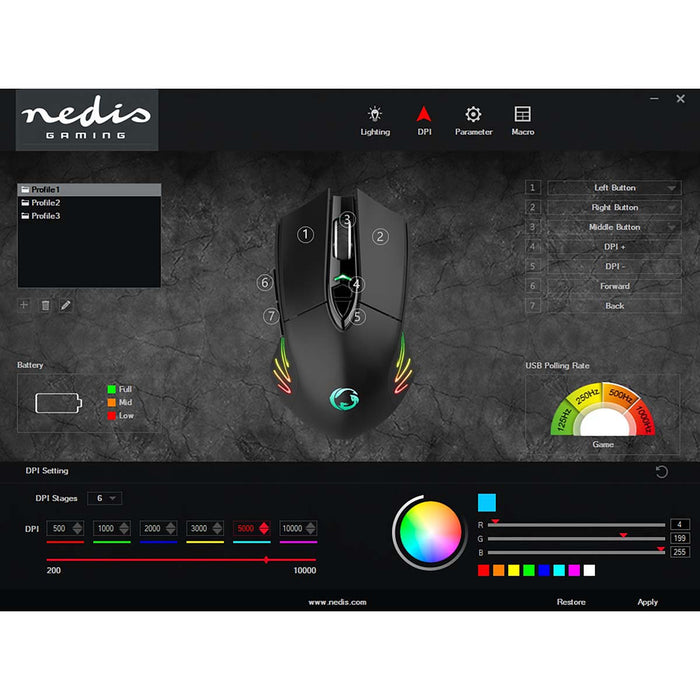 Nedis Gaming Mouse - Wired & Wireless, 500 / 1000 / 2000 / 3000 / 5000 / 10000 dpi, Adjustable DPI, 1.50 m - RGB