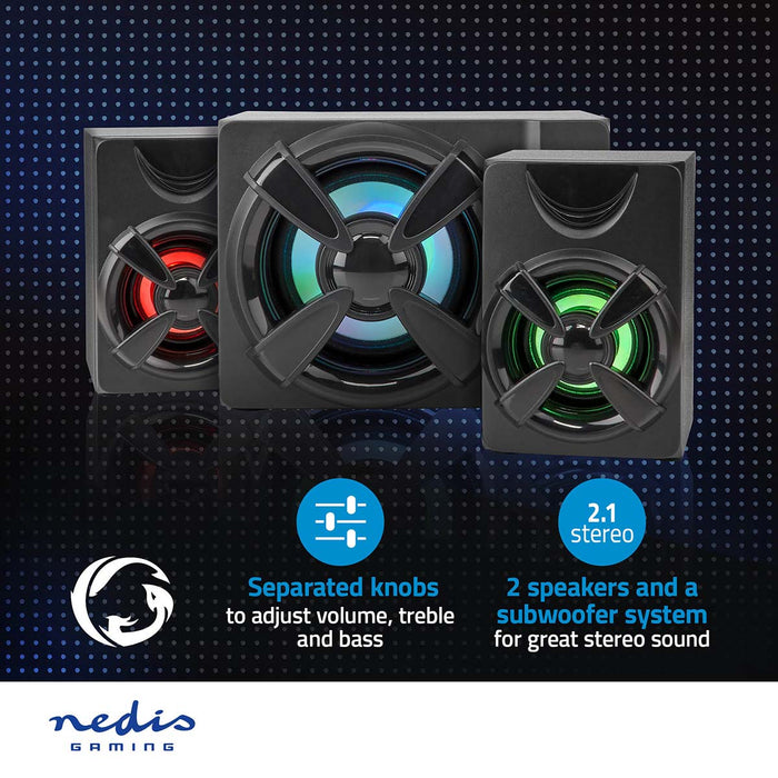 Nedis Gaming Speaker - Speaker channels: 2.1, USB Powered, 3.5 mm Male, LED - Volume control