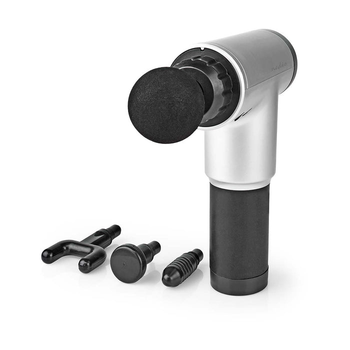 Nedis Sports Massage Gun - Battery Powered, Built-In Lithium-Ion, Rechargeable, 4 Interchangeable Attachments - Black / Grey