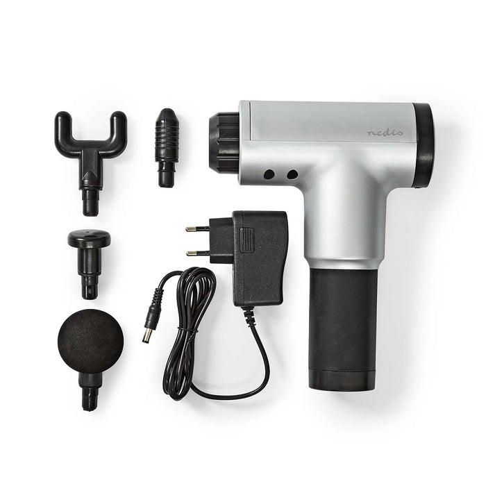 Nedis Sports Massage Gun - Battery Powered, Built-In Lithium-Ion, Rechargeable, 4 Interchangeable Attachments - Black / Grey