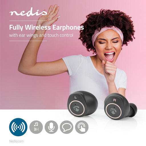 Nedis Fully Wireless Earphones - Bluetooth®, Battery play time: 3 hrs, Touch Control, Ear wings - Black / Gold