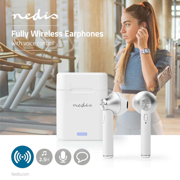 Nedis Fully Wireless Earphones - Bluetooth®, Battery play time: 2.5 hrs, Press Control, Voice control support - White