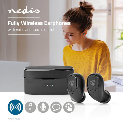 Nedis Fully Wireless Earphones - Bluetooth®, Battery play time: 3 hrs, Touch Control, Voice control support - Black