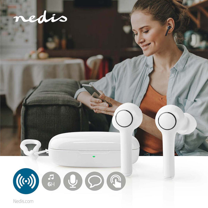 Nedis Fully Wireless Earphones - Bluetooth®, Battery play time: 6 hrs, Touch Control, Voice control support - White