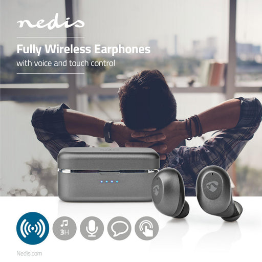 Nedis Fully Wireless Earphones - Bluetooth®, Battery play time: 3 hrs, Touch Control, Voice control support - Grey / Silver