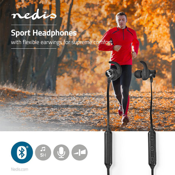 Nedis Bluetooth® Earphones - Battery play time: 5 hrs, Built-in microphone, Voice control support, Ear wings - Black