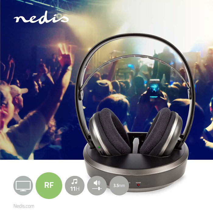 Nedis Wireless TV Headphones - RF, Over-Ear, Battery play time: 11 hrs, Charging dock - Black / Silver