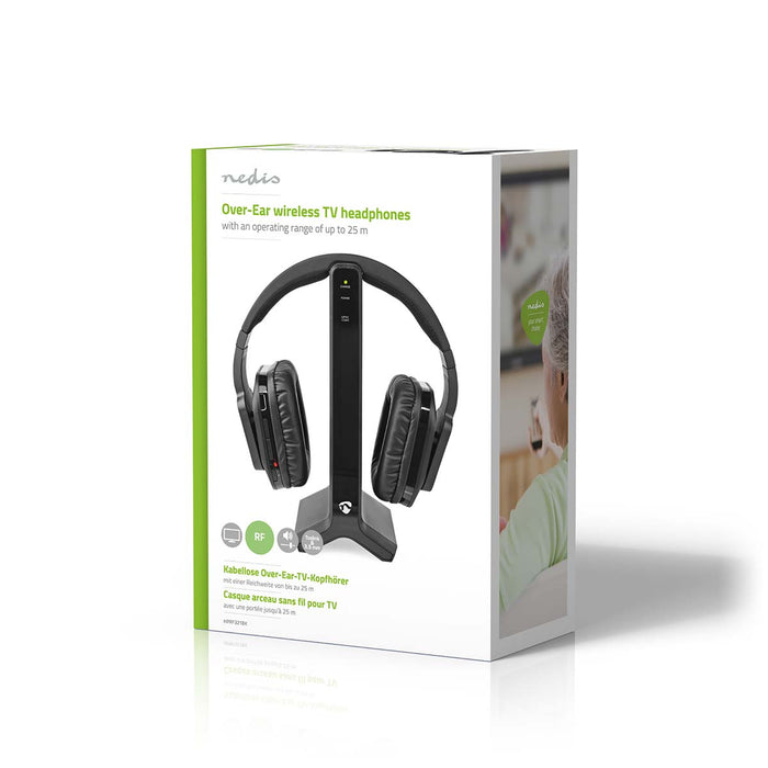 Nedis Wireless TV Headphones - RF, Over-Ear, Battery play time: 8 hrs, Charging dock - Black