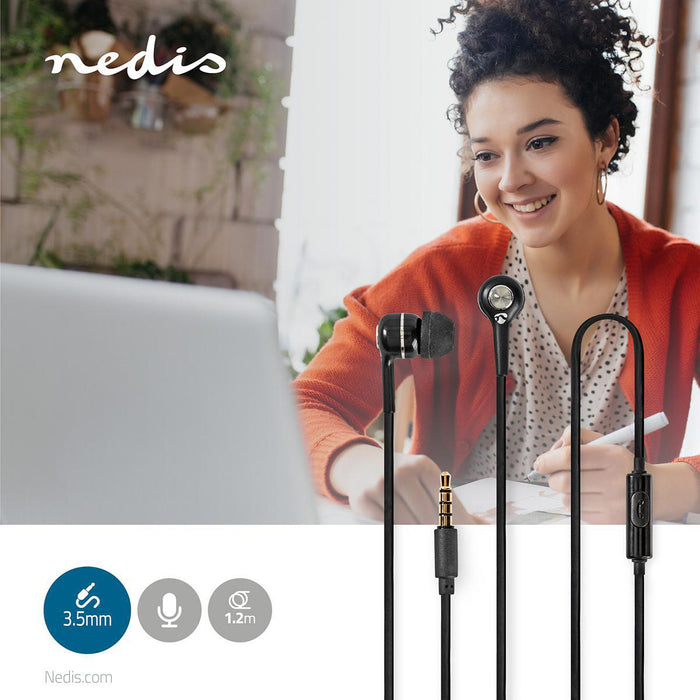 Nedis Wired Earphones - 3.5 mm, Cable length: 1.20 m, Built-in microphone, Volume control - Black / Silver