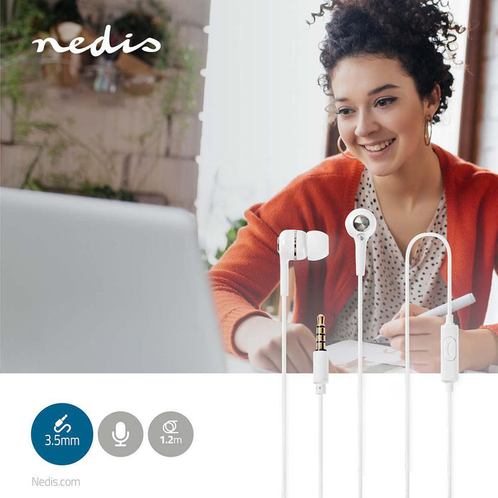 Nedis Wired Earphones - 3.5 mm, Cable length: 1.20 m, Built-in microphone, Volume control - White