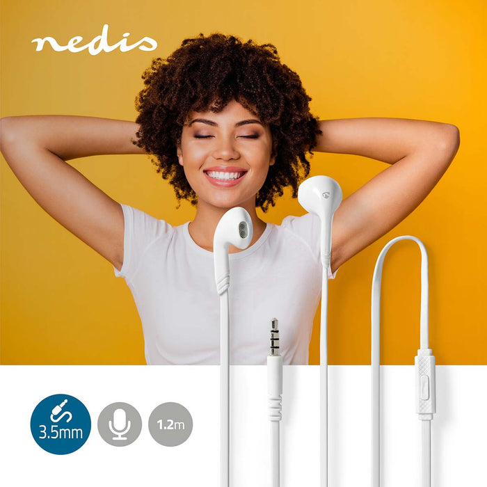 Nedis Wired Earphones - 3.5 mm, Cable length: 1.20 m, Built-in microphone, Volume control - White