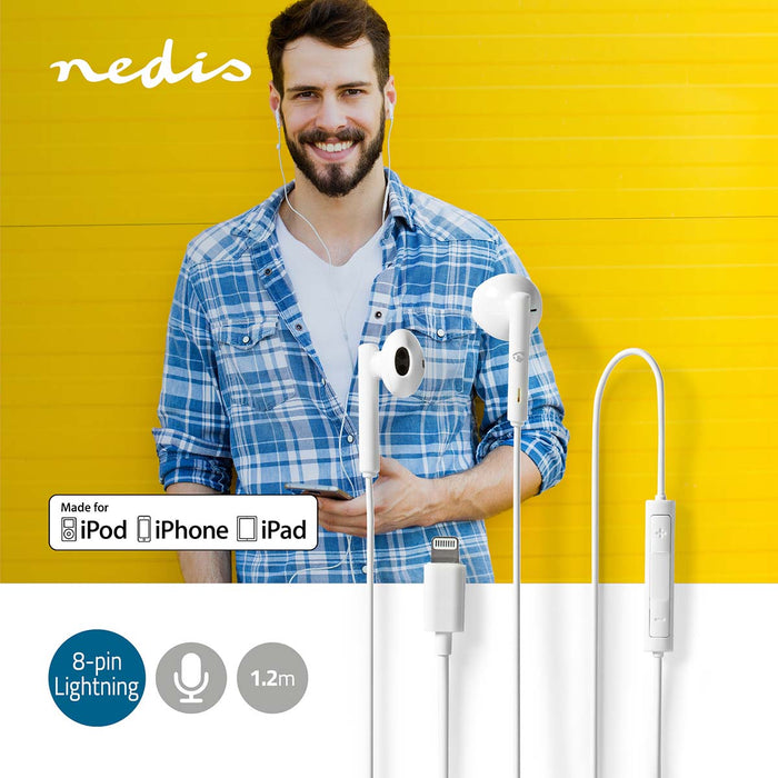 Nedis Wired Earphones - Lightning, Cable length: 1.20 m, Built-in microphone, Volume control - White