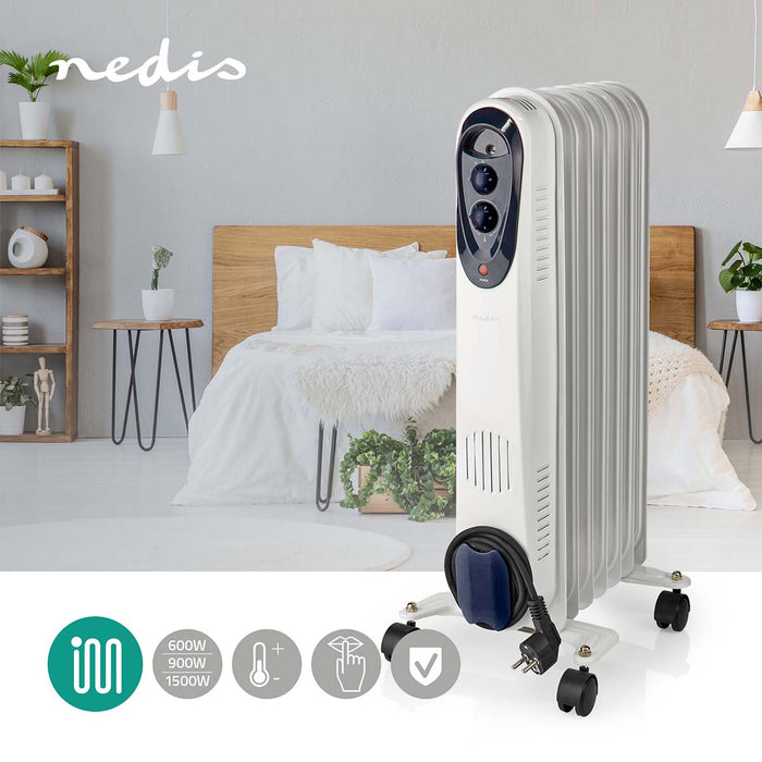 Nedis Mobile Oil Radiator - 600 / 900 / 1500 W, 7 Fins, Adjustable thermostat, Fall over protection - White