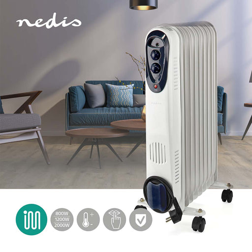 Nedis Mobile Oil Radiator - 800 / 1200 / 2000 W, 9 Fins, Adjustable thermostat, Fall over protection - White