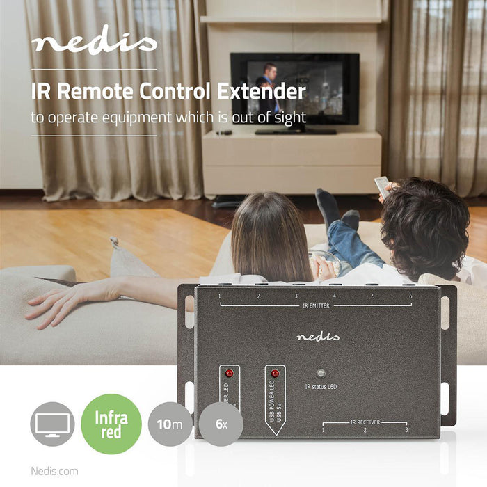 Nedis IR Remote Control Extender - Signal range: 10.0 m, 6 Devices, Metal, Metal - Anthracite