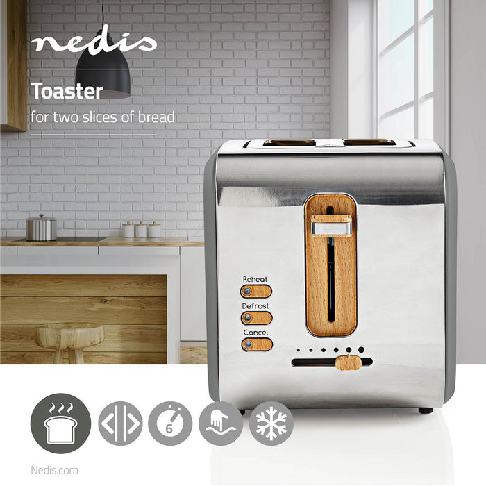 Nedis Toaster - Soft Touch Series, 2 Slots, Browning levels: 6, Defrost feature - Grey