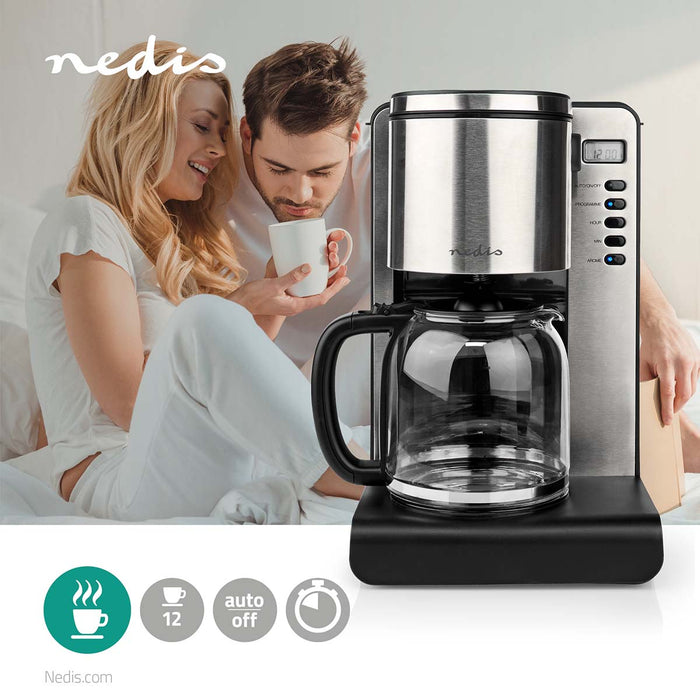 Nedis Coffee Maker - Filter Coffee, 1.5 l, 12 Cups, Clock function - Aluminium / Black