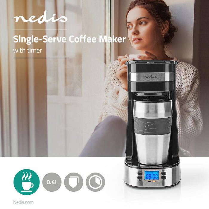 Nedis Coffee Maker - Filter Coffee, 0.4 l, 1 Cups, Switch on timer - Black / Silver