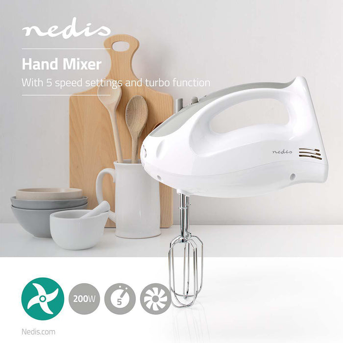 Nedis Hand Mixer - 200 W, 5-Speed Setting, Turbo function, 2 Beaters / 2 Dough Hooks - Grey / White