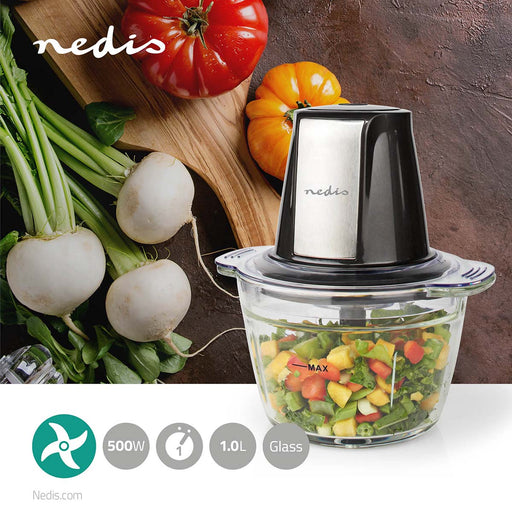 Nedis Food Choppers - 500 W, 1 l, Glass, 1-Speed Setting - Black / Silver