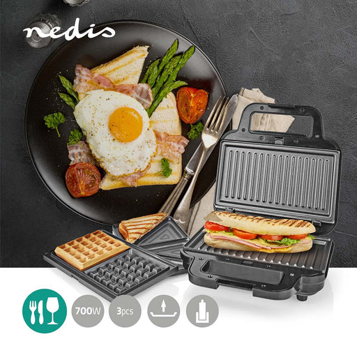 Nedis Multi Grill - Grill / Sandwich / Waffle, 700 W, 22 x 12.5 cm, Automatic temperature control - Plastic / Stainless Steel