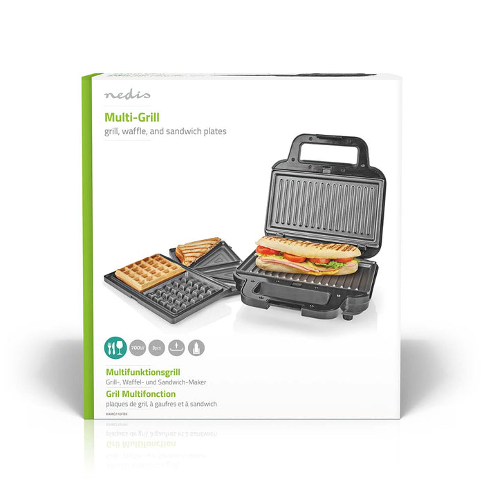 Nedis Multi Grill - Grill / Sandwich / Waffle, 700 W, 22 x 12.5 cm, Automatic temperature control - Plastic / Stainless Steel