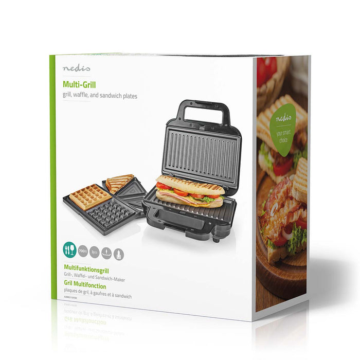 Nedis Multi Grill - Grill / Sandwich / Waffle, 700 W, 22 x 12.5 cm, Automatic temperature control - Plastic / Stainless Steel