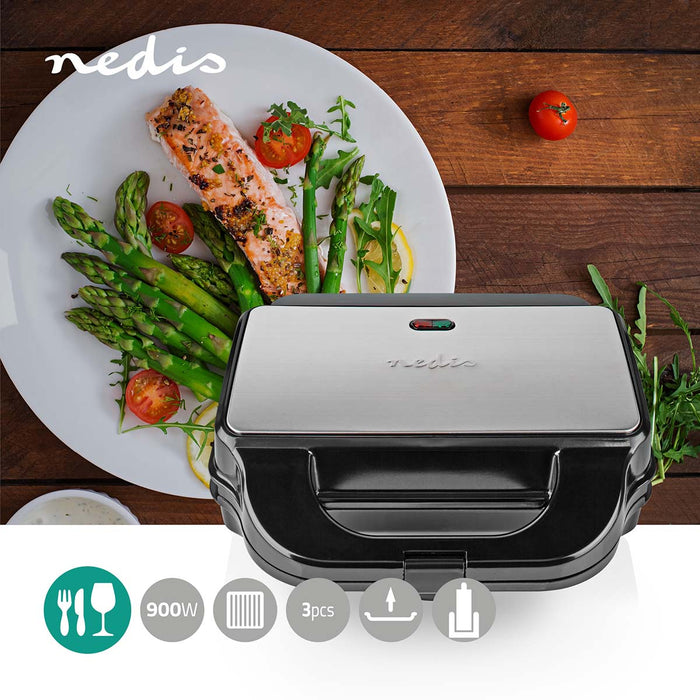 Nedis Multi Grill - Grill / Sandwich / Waffle, 900 W, 28 x 15 cm, Automatic temperature control - Plastic / Stainless Steel