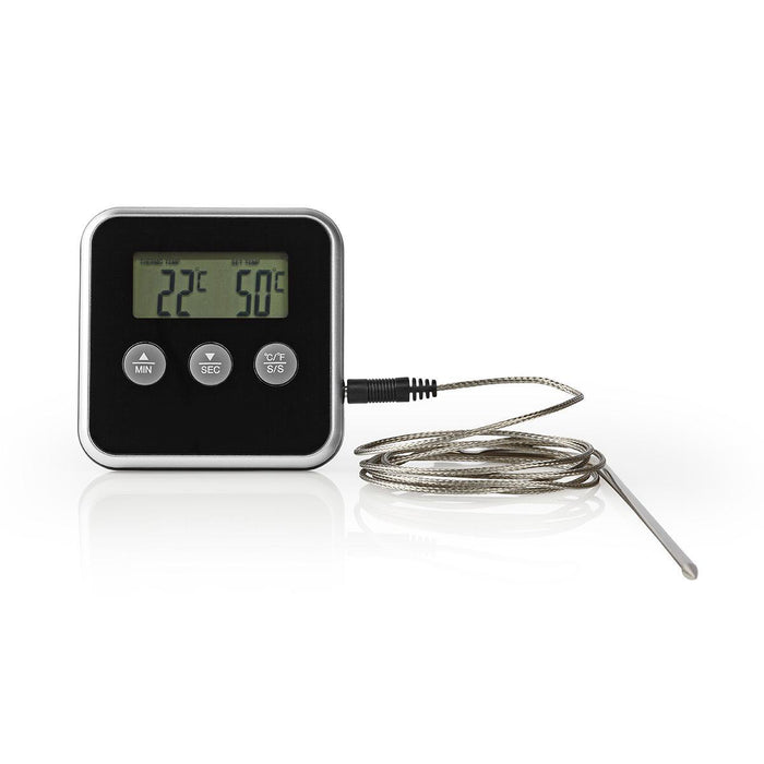 Nedis Meat Thermometer - Alarm / Timer, LCD Display, 0 - 250 °C, 0 - 250 °C - Black / Silver