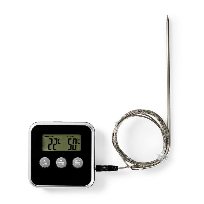 Nedis Meat Thermometer - Alarm / Timer, LCD Display, 0 - 250 °C, 0 - 250 °C - Black / Silver