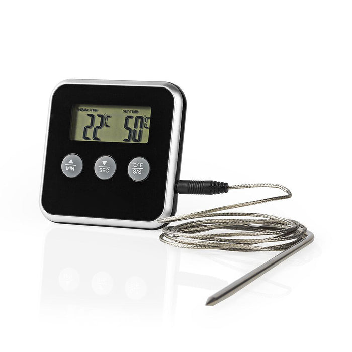 Nedis Meat Thermometer - Alarm / Timer, LCD Display, 0 - 250 °C, 0 - 250 °C - Black / Silver