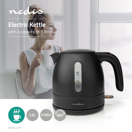 Nedis Electric Kettle - 1.0 l, Plastic, Black, Strix® controller - Boil-dry protection