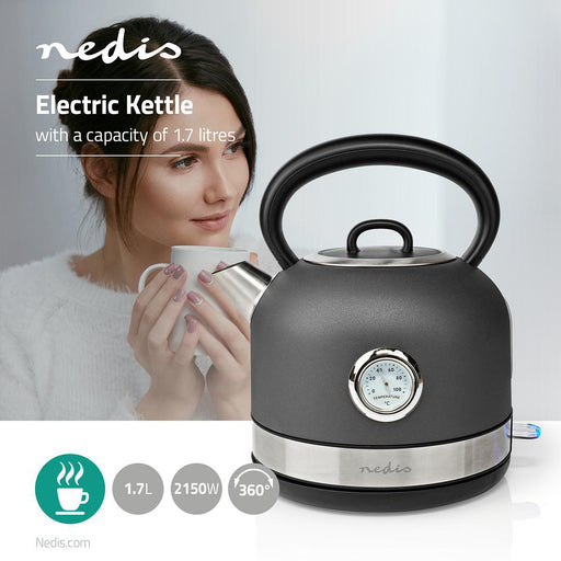 Nedis Electric Kettle - 1.7 l, Stainless Steel, Grey, Strix® controller - Boil-dry protection