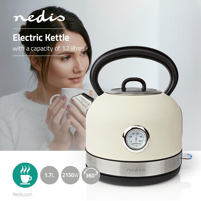 Nedis Electric Kettle - 1.7 l, Stainless Steel, White, Strix® controller - Boil-dry protection