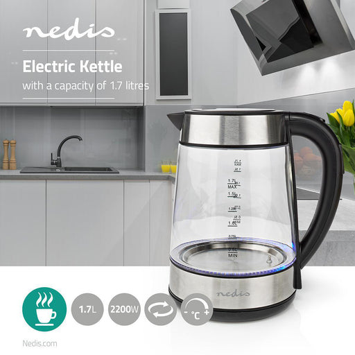 Nedis Electric Kettle - 1.7 l, Glass, Transparent, Strix® controller - Boil-dry protection