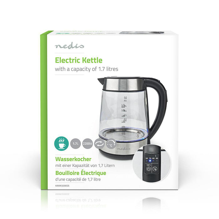 Nedis Electric Kettle - 1.7 l, Glass, Transparent, Strix® controller - Boil-dry protection