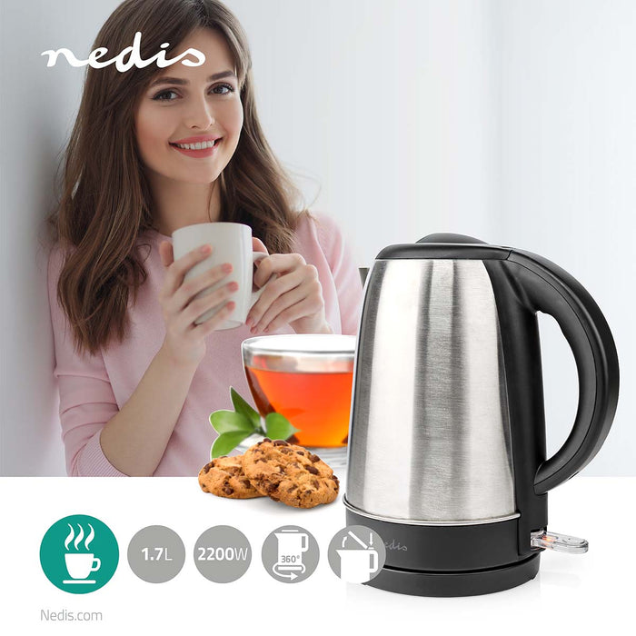 Nedis Electric Kettle - 1.7 l, Stainless Steel, Aluminium / Black, Strix® controller - Boil-dry protection