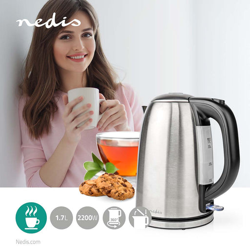 Nedis Electric Kettle - 1.7 l, Stainless Steel, Black / Silver, Strix® controller - Boil-dry protection