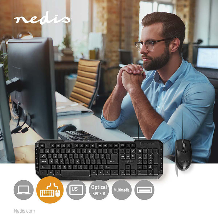 Nedis Mouse and Keyboard Set - Wired, Mouse and keyboard connection: USB, 800 dpi, Belgian - BE Layout