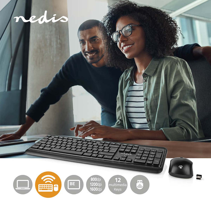 Nedis Mouse and Keyboard Set - Wireless, Mouse and keyboard connection: USB, 800 / 1200 / 1600 dpi, AZERTY - BE Layout