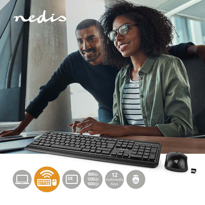 Nedis Mouse and Keyboard Set - Wireless, Mouse and keyboard connection: USB, 800 / 1200 / 1600 dpi, QWERTZ - DE Layout