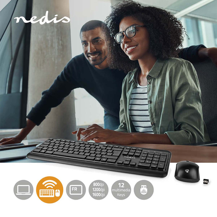 Nedis Mouse and Keyboard Set - Wireless, Mouse and keyboard connection: USB, 800 / 1200 / 1600 dpi, AZERTY - FR Layout