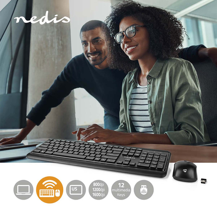 Nedis Mouse and Keyboard Set - Wireless, Mouse and keyboard connection: USB, 800 / 1200 / 1600 dpi, QWERTY - US Layout