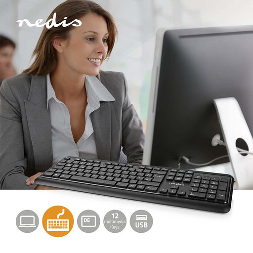 Nedis Wired Keyboard - USB-A, Multimedia, QWERTZ, DE Layout - Numeric keypad