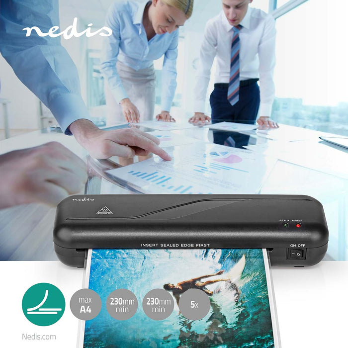 Nedis Laminator - Hot, A4, 230 mm/min, Mains Powered - Black