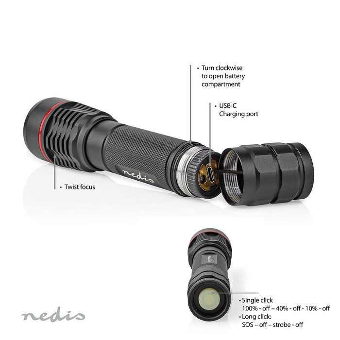 Nedis LED Torch - Battery Powered / USB Powered, 3.7 V DC, 10 W, Light range: 200 m - Beam angle: 10 °