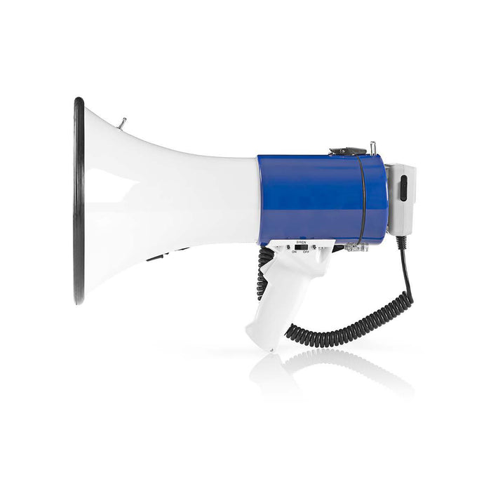 Nedis Megaphone - Maximum range: 1500 m, Volume control: 135 dB, Detachable Microphone, Shoulder strap - Blue / White