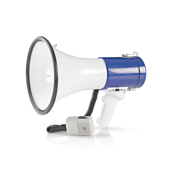 Nedis Megaphone - Maximum range: 1500 m, Volume control: 135 dB, Detachable Microphone, Shoulder strap - Blue / White