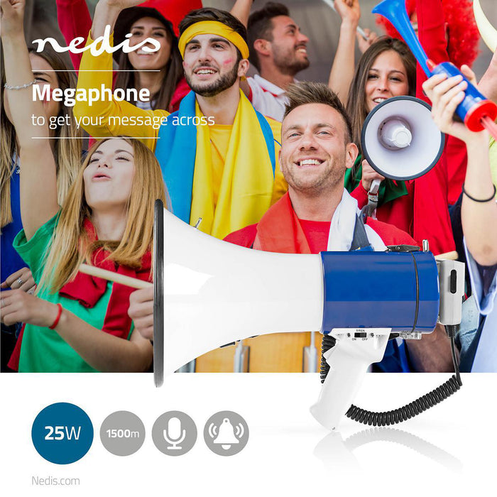 Nedis Megaphone - Maximum range: 1500 m, Volume control: 135 dB, Detachable Microphone, Shoulder strap - Blue / White